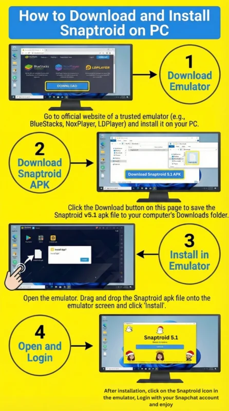 Snaptroid for Pc/Mac Download 2026 2 Snaptroid Download and installation infographic for PC